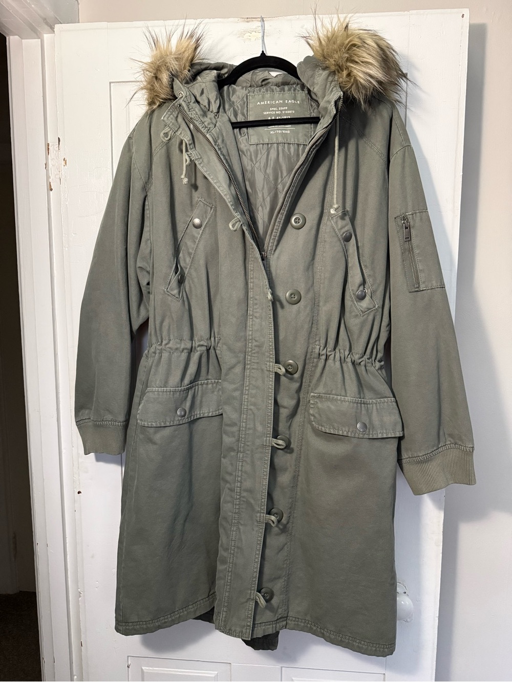American Eagle Olive Utility Parka with Faux Fur Trim
